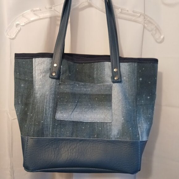 New Abstract Tote Shopper shoulder Bag Blue Crackle Stars Double handle Carryall - Picture 5 of 11